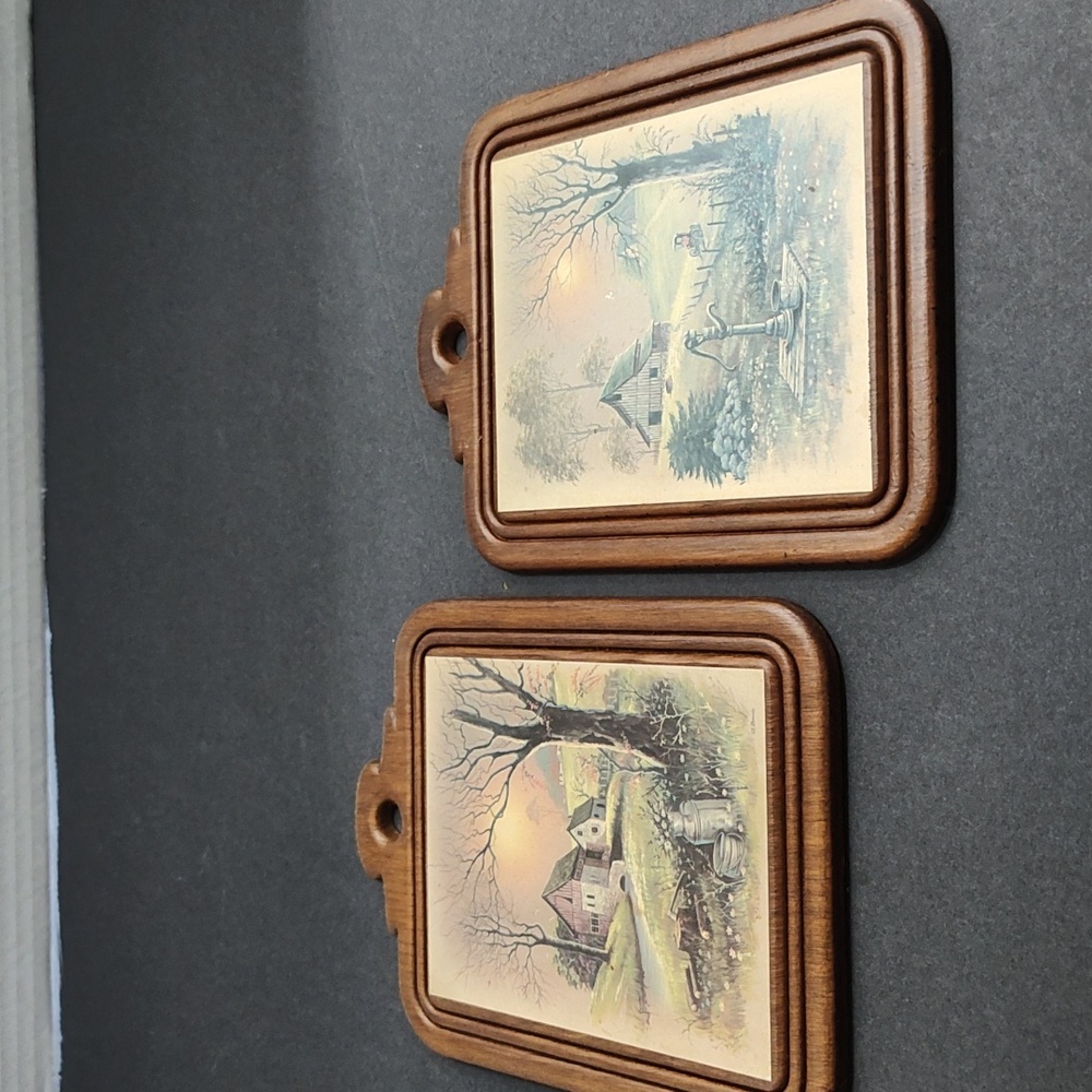 Vintage wooden hanging wall plaques, 1960- early 1970s, beautiful country scene